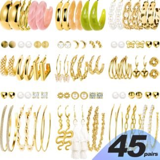 45 Pairs Gold Hoop Earrings for Women, Chunky Twisted Small Big Hoops Earring Packs Set, Earrings for women multipack, Fashion Trendy Earrings Jewelry for Birthday Party...