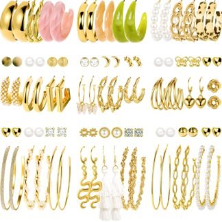 45 Pairs Gold Hoop Earrings for Women, Chunky Twisted Small Big Hoops Earring Packs Set, Earrings for women multipack, Fashion Trendy Earrings Jewelry for Birthday Party...