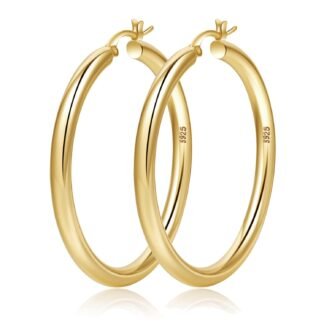 4mm Thick Gold Chunky Earrings Steling Silver Post Hoops Earrings For Women Hollow Tube Hoops Earrings Thick Gold Hoop Earrings Hypoallergenic Lightweight Gold Hoop Large...