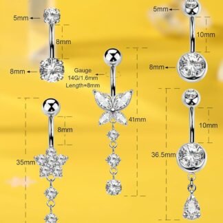 5PCS Belly Button Rings for Women 14G Dangle Navel Piercing Jewelry Set Surgical Stainless Steel Body Jewelry with CZ Butterfly Flower Teardrop Barbell for Beach Festival Daily - lunas-mystic-emporium.com 5PCS Belly Button Rings for Women 14G Dangle Navel Piercing Jewelry Set Surgical Stainless Steel Body Jewelry with CZ Butterfly Flower Teardrop Barbell for Beach Festival Daily
