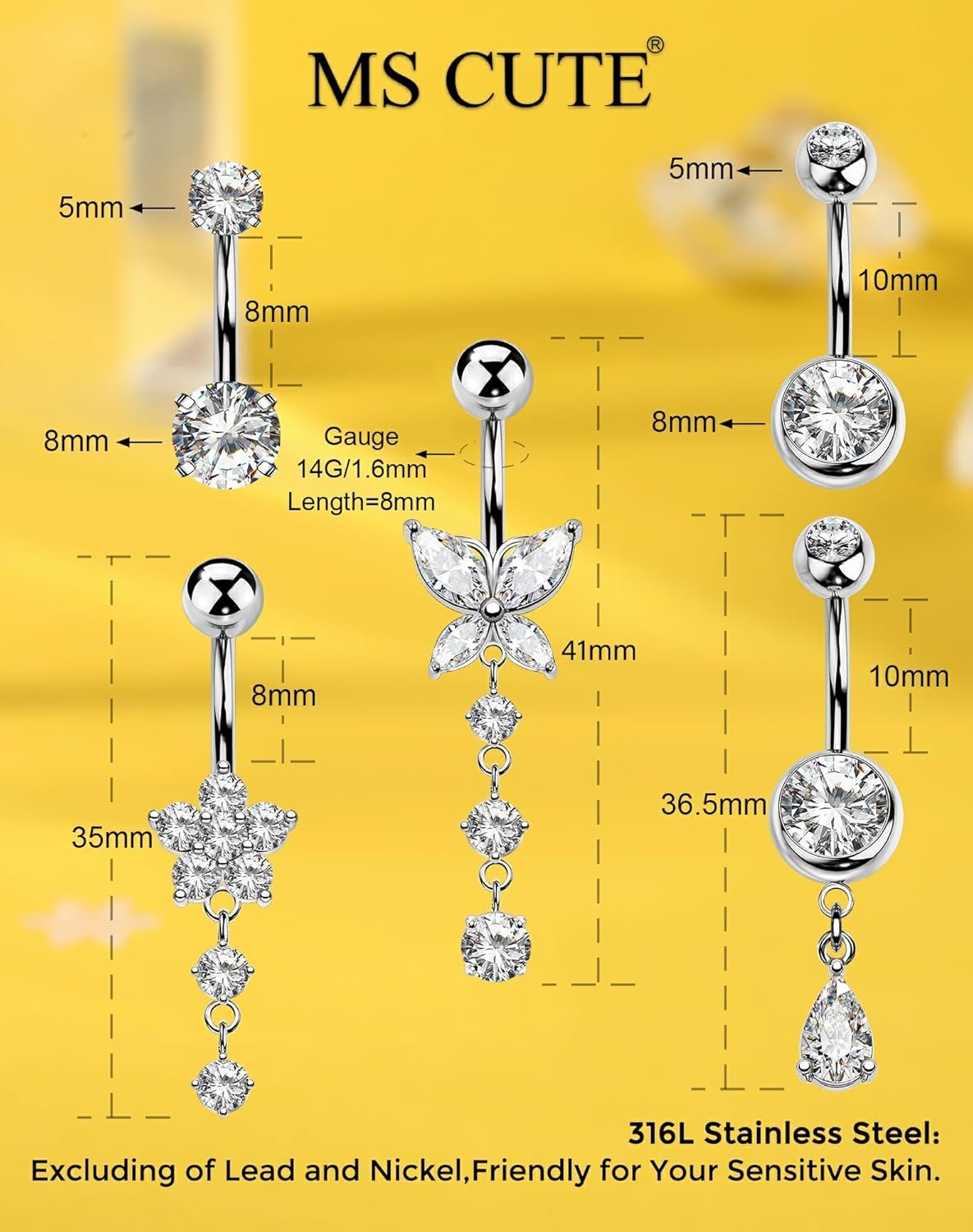 5PCS Belly Button Rings for Women 14G Dangle Navel Piercing Jewelry Set Surgical Stainless Steel Body Jewelry with CZ Butterfly Flower Teardrop Barbell for Beach Festival Daily - lunas-mystic-emporium.com 5PCS Belly Button Rings for Women 14G Dangle Navel Piercing Jewelry Set Surgical Stainless Steel Body Jewelry with CZ Butterfly Flower Teardrop Barbell for Beach Festival Daily
