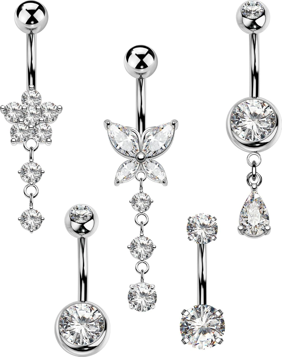 5PCS Belly Button Rings for Women 14G Dangle Navel Piercing Jewelry Set Surgical Stainless Steel Body Jewelry with CZ Butterfly Flower Teardrop Barbell for Beach Festival Daily - lunas-mystic-emporium.com 5PCS Belly Button Rings for Women 14G Dangle Navel Piercing Jewelry Set Surgical Stainless Steel Body Jewelry with CZ Butterfly Flower Teardrop Barbell for Beach Festival Daily