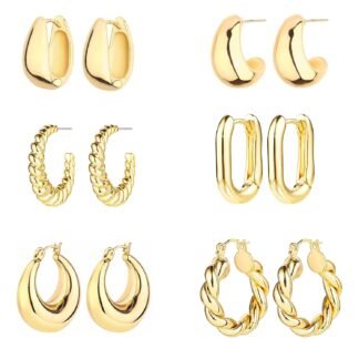 6 Pairs 14K Gold Plated Hoop Earrings for Women Lightweight Chunky Hoop Earrings Multipack Hypoallergenic, Thick Open Twisted Huggie Hoops Earring Set Jewelry for Gifts.