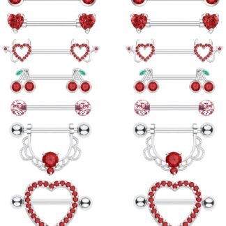 7 Pairs Nipple Piercing Jewelry 14G Stainless Steel Gold Plated Pink Red Silver Nipple Rings for Women Cute Heart Cherry Nipple Barbells