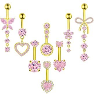 8Pcs Gold Pink Silver Belly Button Ring Dangle Navel Belly Piercing Jewelry Cute CZ Butterfly Heart Flower Bow Navel Belly Rings for Women 14G Hypoallergenic Surgical Stainless...