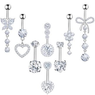 8Pcs Gold Pink Silver Belly Button Ring Dangle Navel Belly Piercing Jewelry Cute CZ Butterfly Heart Flower Bow Navel Belly Rings for Women 14G Hypoallergenic Surgical Stainless...