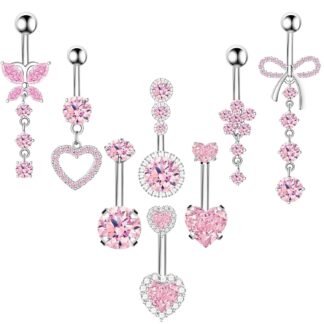 8Pcs Gold Pink Silver Belly Button Ring Dangle Navel Belly Piercing Jewelry Cute CZ Butterfly Heart Flower Bow Navel Belly Rings for Women 14G Hypoallergenic Surgical Stainless...
