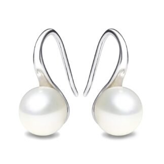 925 Sterling Silver Hoop Handpicked AAA+ Quality 7.5-8mm White Freshwater Cultured Pearl Dangle Drop Earrings Jewelry for Women