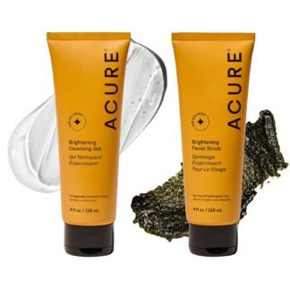 Acure Brightening Facial Scrub & Cleansing Gel Combo Pack - Exfoliating Face Wash & Gentle Daily Facial Cleanser for Radiant Skin with Sea Kelp, Pomegranate & Acai, 100% Vegan -...