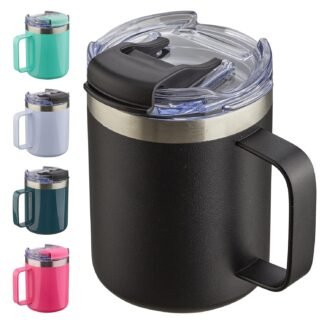 ALOUFEA 12oz Insulated Coffee Mug Cup with Handle, Stainless Steel Travel Coffee Mug with Flip Lid, Double Wall Vacuum Coffee Tumbler, Black