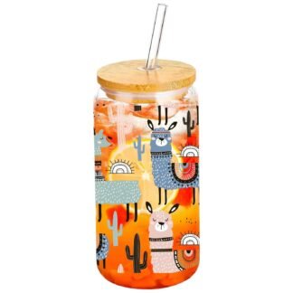 Alpaca Llama Drinking Glass Cup 16 Oz with Bamboo Lid and Straws, Iced Coffee Beer Cocktail Glass Tumbler, Holiday Christmas Birthday Gift for Dad Mom Sister Friends Bestie