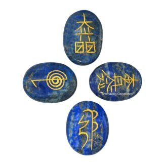 Amazing Gemstone Lapis Lazuli Crystal Reiki Stones with Engraved Symbols for Usui Reiki Healing, Set of 4 Pcs (Indian Handmade Reiki Gift Set)