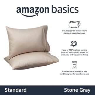 Amazon Basics 400 Thread Count Cotton Pillow Cases, Standard, 30" L x 20" W, Stone Gray - Set of 2