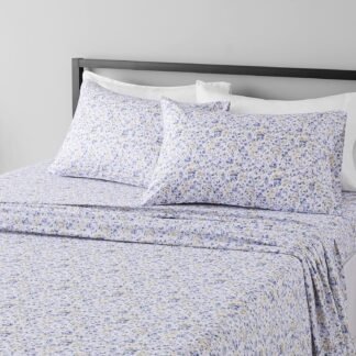 Amazon Basics Lightweight Super Soft Easy Care Microfiber 4 Piece Bed Sheet Set With 14-inch Deep Pockets, Queen, Blue Floral,Printed