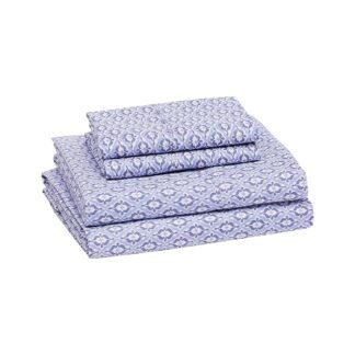 Amazon Basics Lightweight Super Soft Easy Care Microfiber 4 Piece Bed Sheet Set With 14" Deep Pockets, Queen, Blue Damask, Printed