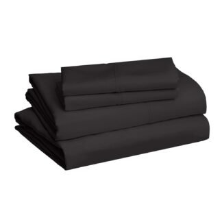 Amazon Basics Lightweight Super Soft Easy Care Microfiber 4 Piece Cozy Comfortable Bed Sheet Set with 14-Inch Deep Pockets, Queen, Black, Solid