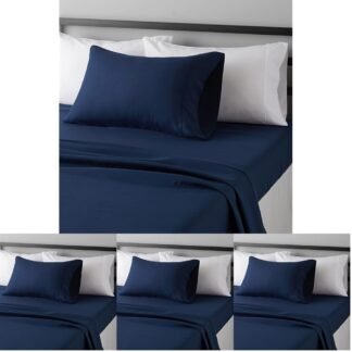 Amazon Basics Lightweight Super Soft Easy Care Wrinkle Free Microfiber 3 Piece Bed Sheet Set with 14-Inch Deep Pockets, Twin, Navy Blue, Solid, Kids, Men & Women Bedding