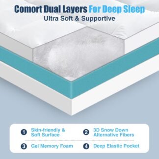 Aodenge 4 lnch Dual Layer Mattress Topper Queen Size, 2 Inch Cooling Gel Memory Foam and 2 Inch Soft Pillow Top Mattress Pad Cover for Back Pain, with Elastic Deep Pocket