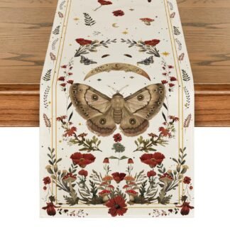 Artoid Mode Beige Poppy Moth Mushroom Moon Fall Table Runner, Seasonal Autumn Kitchen Dining Table Decoration for Home Party Decor 13x72 Inch