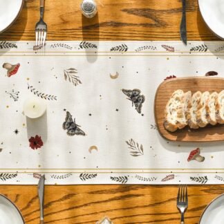Artoid Mode Beige Poppy Moth Mushroom Moon Fall Table Runner, Seasonal Autumn Kitchen Dining Table Decoration for Home Party Decor 13x72 Inch