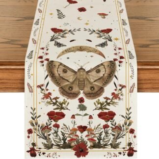 Artoid Mode Beige Poppy Moth Mushroom Moon Fall Table Runner, Seasonal Autumn Kitchen Dining Table Decoration for Home Party Decor 13x72 Inch