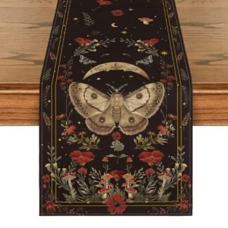 Artoid Mode Beige Poppy Moth Mushroom Moon Fall Table Runner, Seasonal Autumn Kitchen Dining Table Decoration for Home Party Decor 13x72 Inch