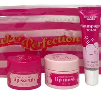 Bath & Body Works Champagne Toast Pucker Perfection Gift Set - Lip Scrub, Lip Mask And Lip Gloss with a Natural Oats Sample Soap