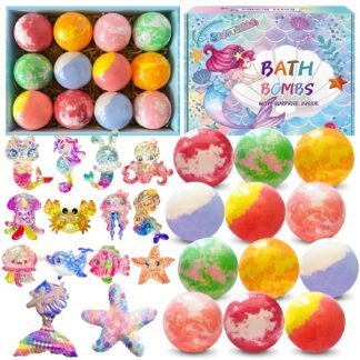 Bath Bombs for Kids with Surprise Inside, 12pcs Kids Bath Bombs with Mermaid Toys Gift Set for Girls, Shea & Coco Butter Dry Skin Moisturize, Birthday Easter Valentines Day...