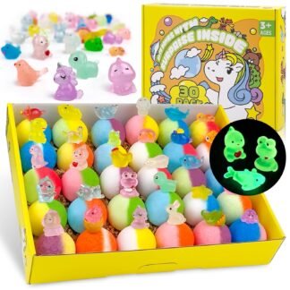 Bath Bombs for Kids with Toy Inside, 30 PCS Natrual and Organic Bubble Bath Bombs with Glow-in-The-Dark Surprise Inside, Perfect Handmade Birthday, Party, for Boys and Girls.