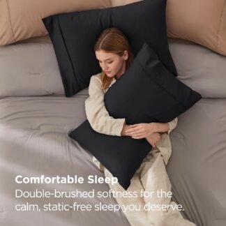 Bedsure Pillow Cases Standard Size Set of 2 - Black Brushed Microfiber Pillowcases, Super Soft Pillowcase, Pillow Case Covers with Envelope Closure, Wrinkle, Fade and Stain...