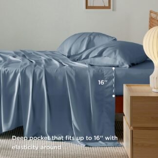 Bedsure Queen Sheet Set, Cooling Sheets for Queen Size Bed Set, Rayon Derived from Bamboo, Breathable & Soft, Deep Pocket, Hotel Luxury Silky Bedding for Hot Sleepers, Dusty Blue