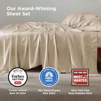 Bedsure Queen Sheet Set, Rayon Derived from Bamboo, Cooling Sheets, Deep Pocket Up to 16", Breathable & Soft, Hotel Luxury Silky Bedding for Hot Sleepers, Beige