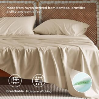 Bedsure Queen Sheet Set, Rayon Derived from Bamboo, Cooling Sheets, Deep Pocket Up to 16", Breathable & Soft, Hotel Luxury Silky Bedding for Hot Sleepers, Beige