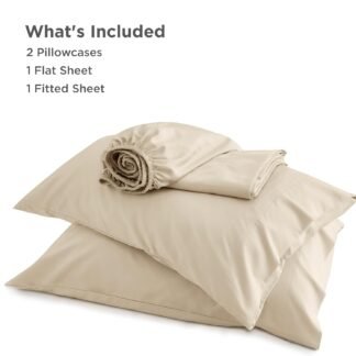 Bedsure Queen Sheet Set, Rayon Derived from Bamboo, Cooling Sheets, Deep Pocket Up to 16", Breathable & Soft, Hotel Luxury Silky Bedding for Hot Sleepers, Beige