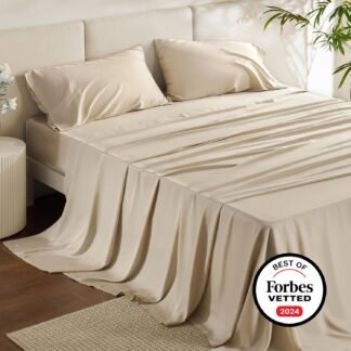 Bedsure Queen Sheet Set, Rayon Derived from Bamboo, Cooling Sheets, Deep Pocket Up to 16", Breathable & Soft, Hotel Luxury Silky Bedding for Hot Sleepers, Beige