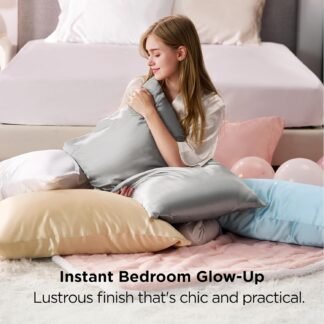 Bedsure Satin Pillowcases, Similar to Silk Pillow Cases Queen Size Set of 2, Pure White Cooling Pillow Case for Sleeping Women with Envelope Closure, Gifts for Women Men, 20x30...