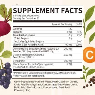Beet Root Gummies – Blood Pressure Support & Mood Support, Super Nitric Oxide Beets Supplement with Grape Seed, L-Theanine & Vitamin C, Sugar-Free Vegan, 30:1 Beet Root Extract,...