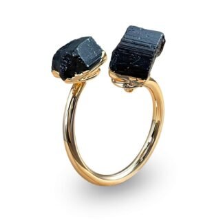 Black Tourmaline Ring for Women, Vintage Gold Tone Black Rings for Men, Adjustable Natural Stone Ring for Chunky Jewelry