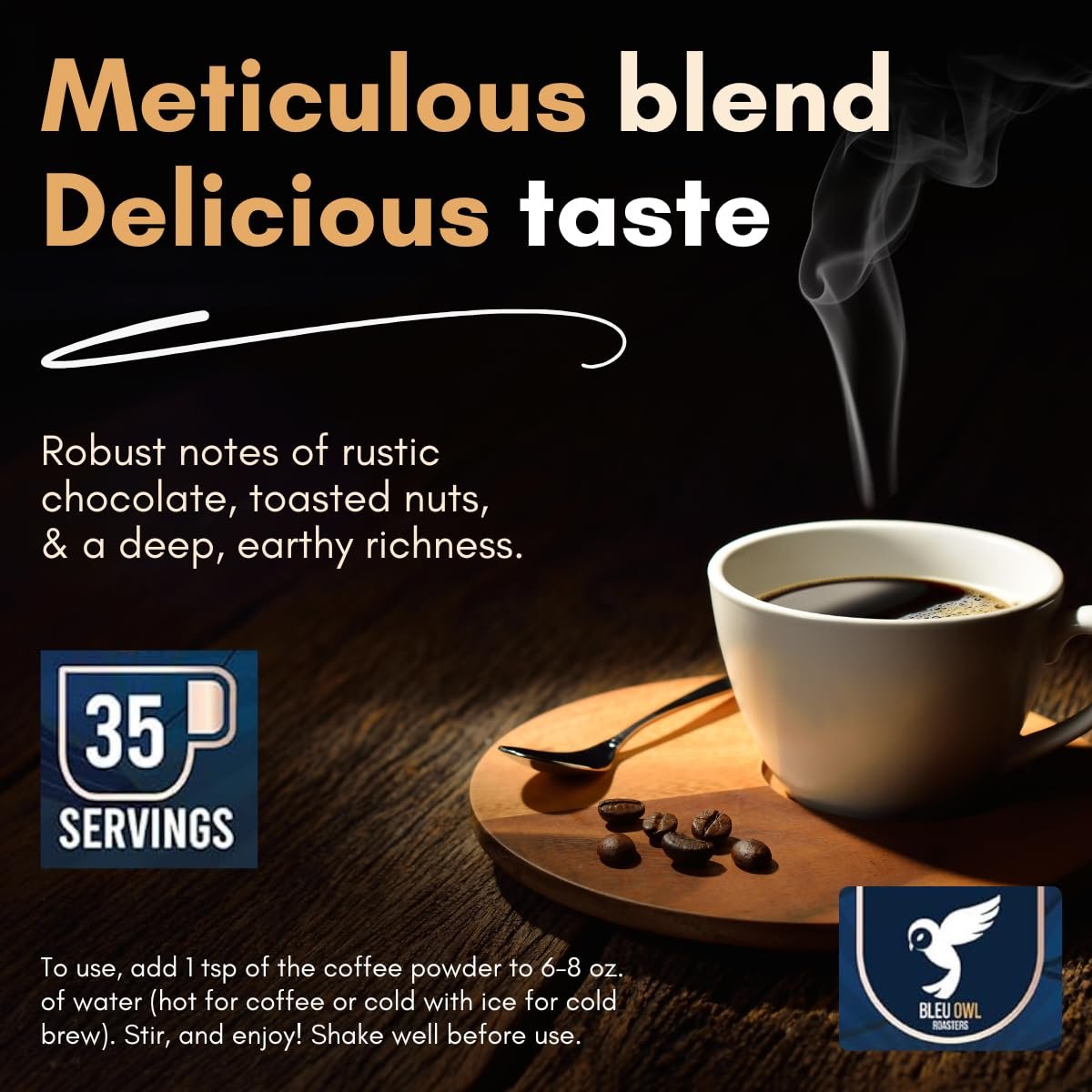 Bleu Owl Instant Organic Mushroom Coffee - 7 Superfood Mushrooms for Gut Health Energy Clarity - Arabica 35 servings 25oz - Lions Mane Chaga Reishi Cordyceps Turkey Tail - lunas-mystic-emporium.com Bleu Owl Instant Organic Mushroom Coffee - 7 Superfood Mushrooms for Gut Health Energy & Clarity - Arabica 35 servings, 2.5oz. - Lion’s Mane Chaga Reishi Cordyceps Turkey Tail...