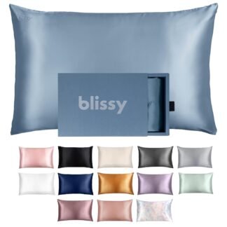 Blissy Silk Pillowcase - 100% Pure Mulberry Silk - 22 Momme 6A High-Grade Fibers - Silk Pillow Cover for Hair & Skin - Regular, Queen & King (Ash Blue, Standard)
