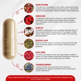 Blood Pressure Support & Heart Health Cardiovascular Supplement W/ Hawthorn, Hibiscus. Nitric Oxide Support for Normal Blood Pressure Support W/ Vitamin B12 & Folic Acid. Garlic...