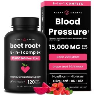 Blood Pressure Support Supplement, 8-in-1 Beet Root Capsules for Healthy Circulation, Heart Health & Energy – Hawthorn Berry, Hibiscus, Garlic & Grape Seed - Beet Juice...