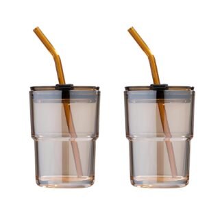 BLUEPOLAR 13 oz Tumbler Water Glass, Water Bottle with Straw and Dustproof Lid, Coffee Ice Cup Double Wall Insulated Glass Cup (Amber-2Pack)