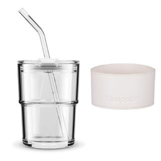 BLUEPOLAR 13 oz Tumbler Water Glass, Water Bottle with Straw and Dustproof Lid, Coffee Ice Cup Double Wall Insulated Glass Cup (White with Protect Sleeve)