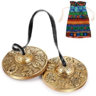 Boao Tibetan Bells Tingsha Cymbals Meditation Chime Bells with Tibetan Drawstring Cloth Bag, 6.3 cm Yoga Finger Meditation Chime for Percussion Instrument(8 Lucky Symbols Embossed)
