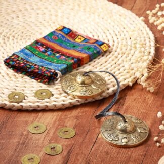 Boao Tibetan Bells Tingsha Cymbals Meditation Chime Bells with Tibetan Drawstring Cloth Bag, 6.3 cm Yoga Finger Meditation Chime for Percussion Instrument(8 Lucky Symbols Embossed)