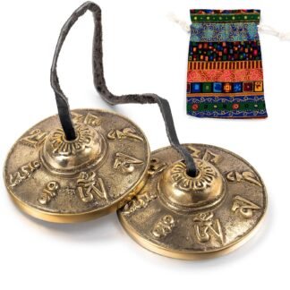 Boao Tibetan Bells Tingsha Cymbals Meditation Chime Bells with Tibetan Drawstring Cloth Bag, 6.3 cm Yoga Finger Meditation Chime for Percussion Instrument(8 Lucky Symbols Embossed)