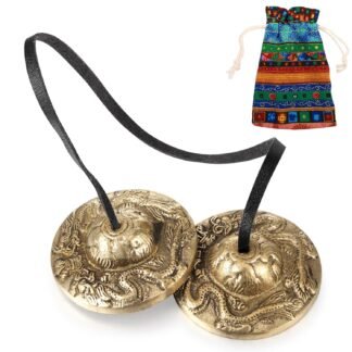 Boao Tibetan Bells Tingsha Cymbals Meditation Chime Bells with Tibetan Drawstring Cloth Bag, 6.3 cm Yoga Finger Meditation Chime for Percussion Instrument(8 Lucky Symbols Embossed)