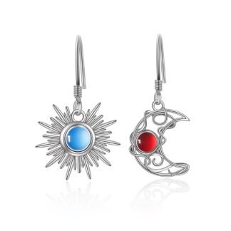 Boho Opal Sun and Moon Drop Dangle Earrings Moonstone Natural Stone Hook Bohemian for Women Asymmetrical Antiqued Silver Celestial Jewelry