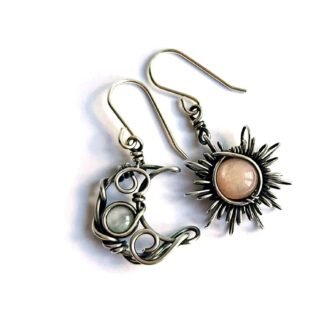 Boho Opal Sun and Moon Drop Dangle Earrings Moonstone Natural Stone Hook Bohemian for Women Asymmetrical Antiqued Silver Celestial Jewelry